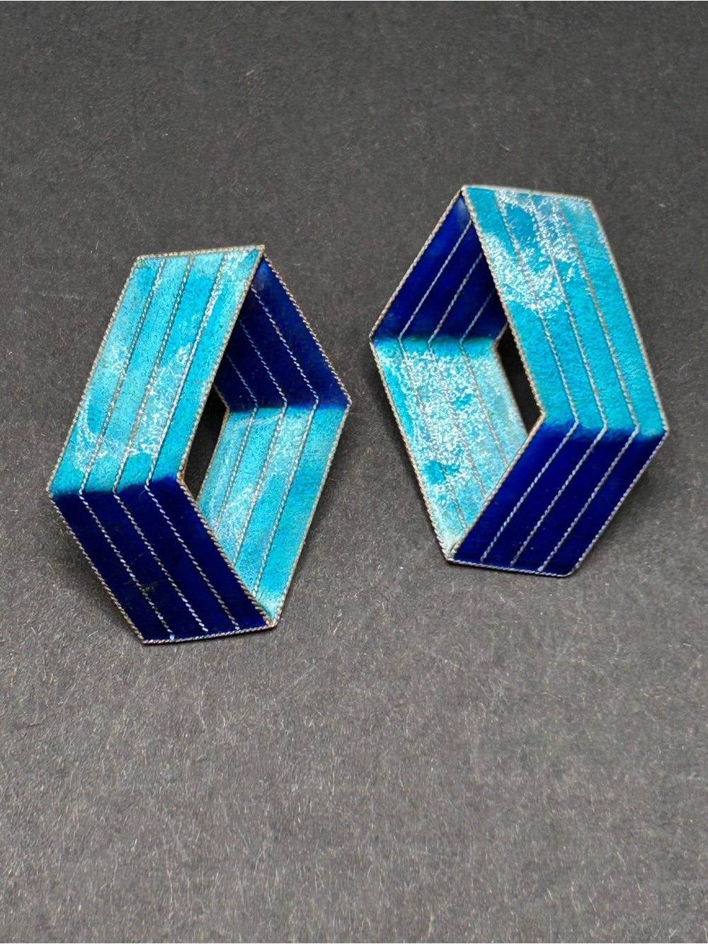 VTG Gold Over Sterling Silver 925 Two Tone Blue Enamel Geometric Post Earrings